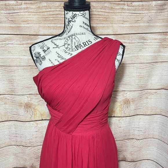 After Six Parisian Red K505 One Shoulder Chiffon Shirred Front Slit Maxi Gown‎ - Picture 7 of 9